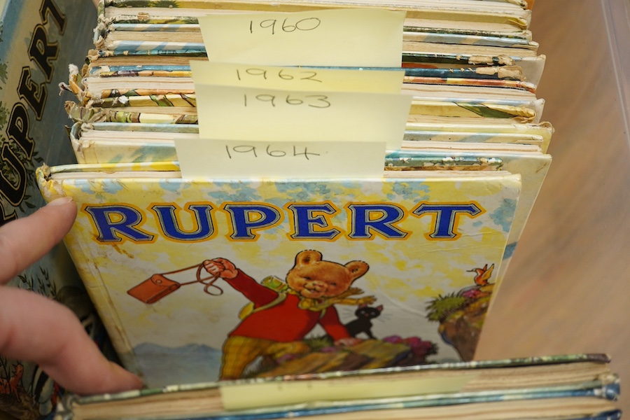 Rupert - Rupert Annuals: 1937, 1940, 1946-1969. mostly coloured pictorial boards, 4to. * 1937 is the 2nd annual published; illustrated by Alfred Bestall. (25) Condition - binding tatty